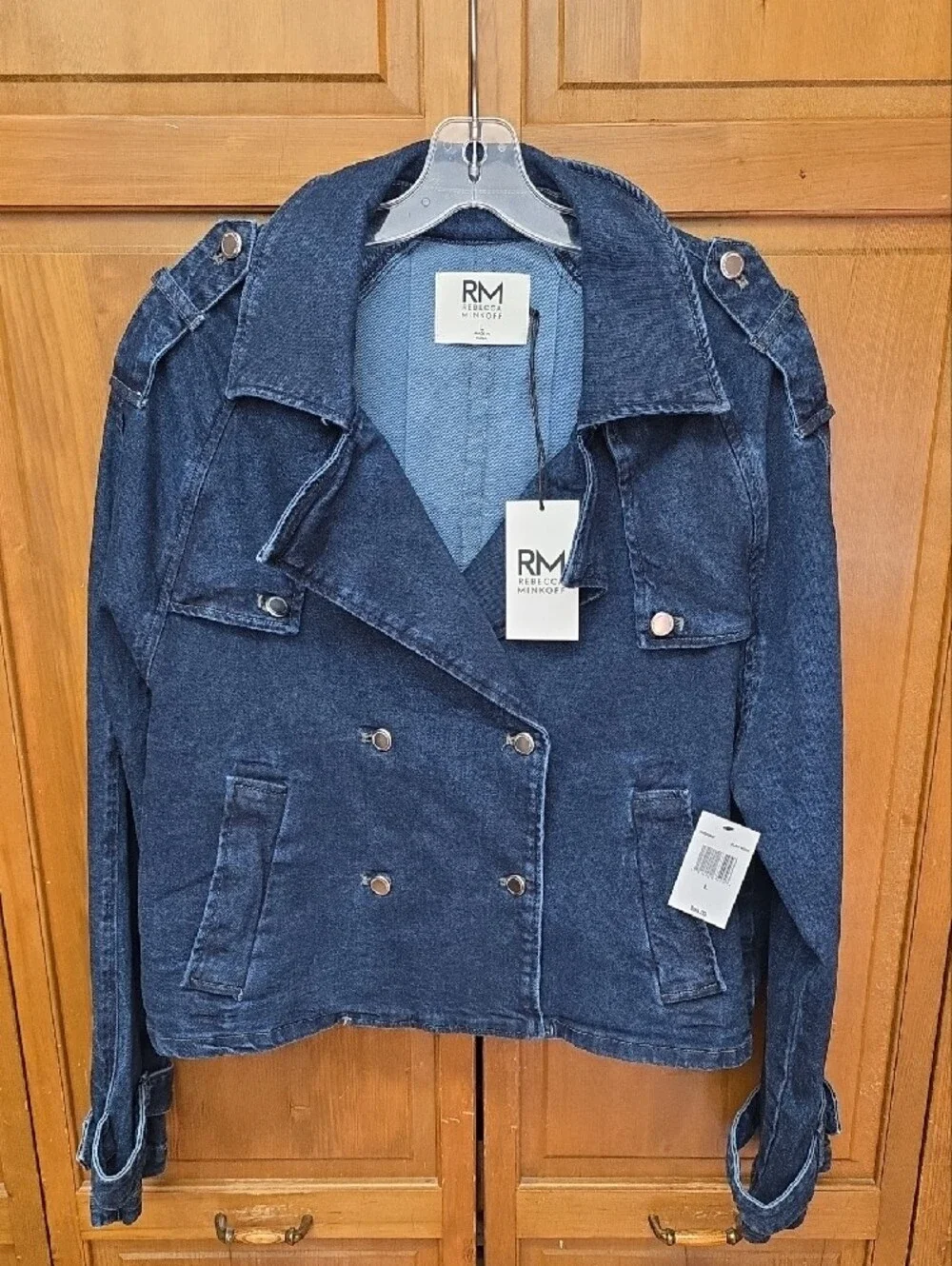 RM Rebecca Minkoff Double Breasted Cropped Denim Trench Jacket Sz LG NEW